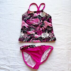 Girls Pink & Black OP Tankini Set With Love & Peace Graphics size S (6/6x)